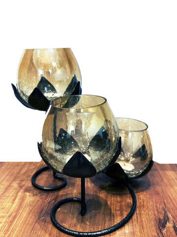 Triple Lotus Candle Holder with 3 Gold Glasses