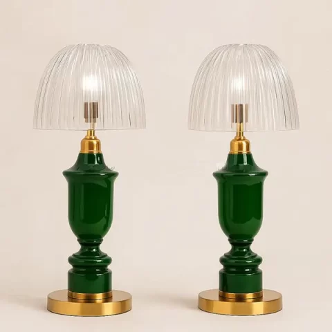 Forest Green Ribbed Glass Table Lamps with Glass Shades and Brass Bases