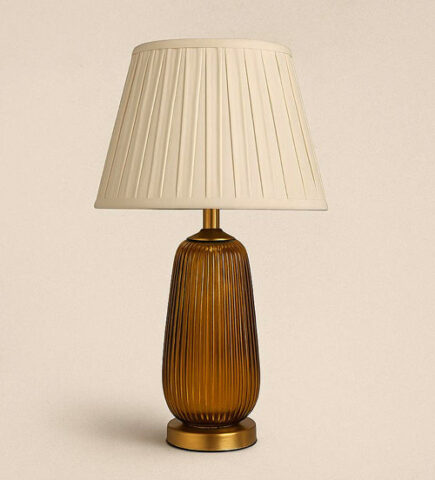 Amber Ribbed Glass Table Lamp with a Pleated Shade