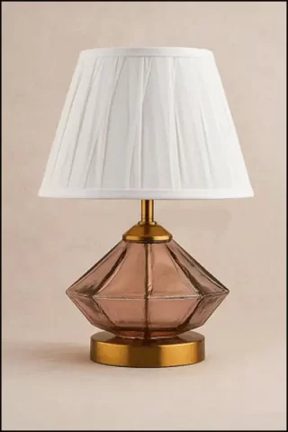 Amber Glass Table Lamp with White Fabric Shade & Gold Base