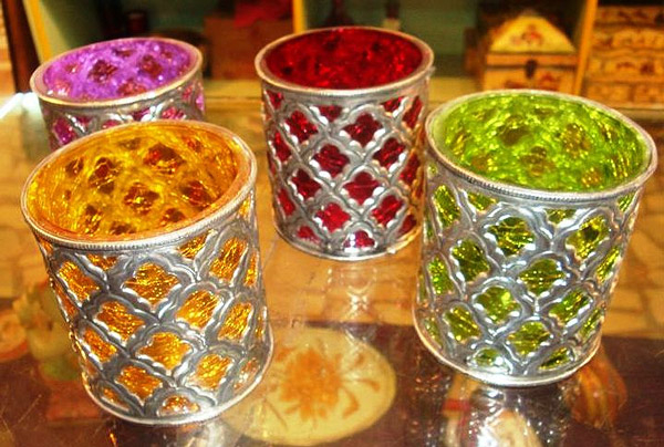 Silver Metal and Multicolor Glass Candle Holder