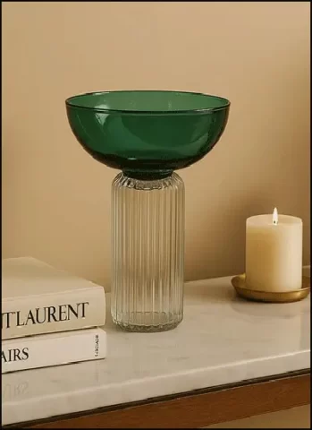 Emerald Pedestal Glass Bowl – Handcrafted Decorative Centerpiece