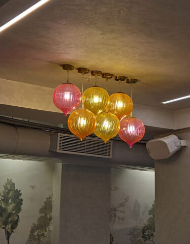 Ribbed Glass Pendant Lights in Pink and Aamber Colors